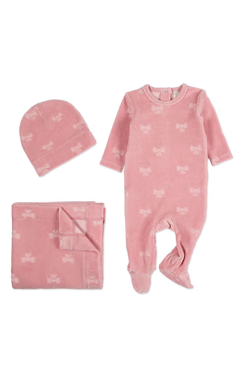 MiniMoi 3 Piece Baby Girls "Velvet Bow" Cotton Rich Velour Footie Set, Main, color, Pink