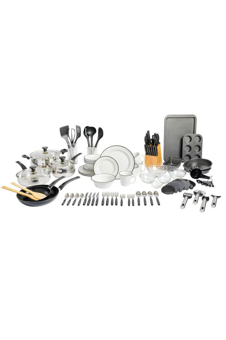 95-Piece Complete Kitchen Set with Cookware, Dinnerware, Flatware & Tools, Main, color, Black