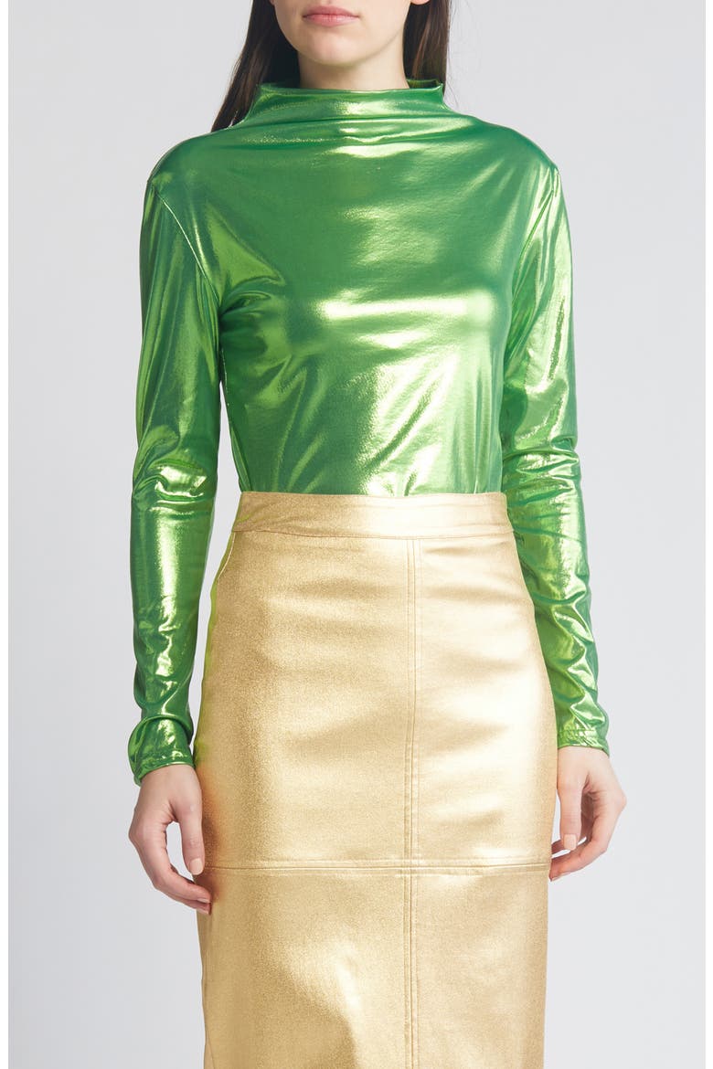 Liquid Metallic Mock Neck Top, Main, color, GREEN