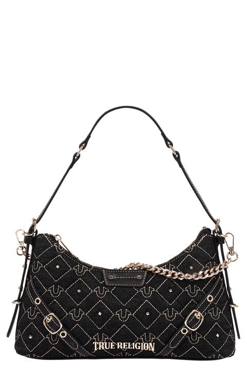 Studded Denim Shoulder Bag