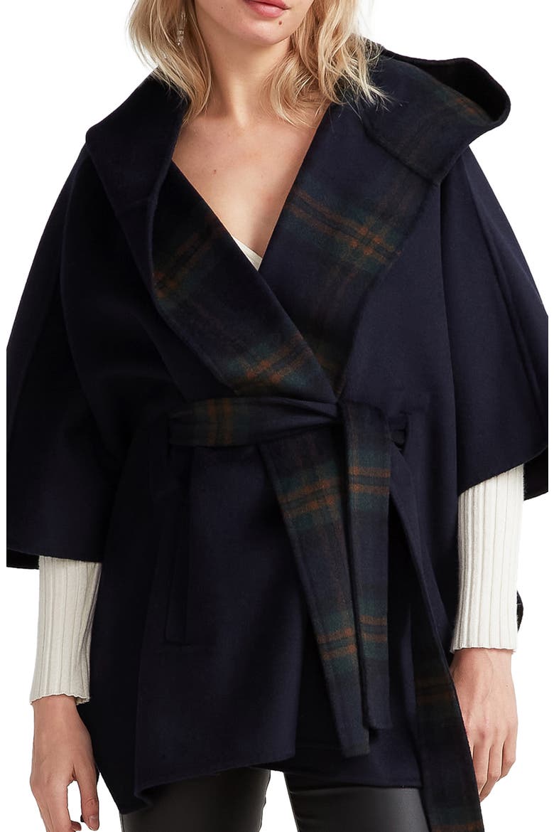 Jackson Landing Plaid Wool Blend Cape, Main, color, FRENCH NAVY