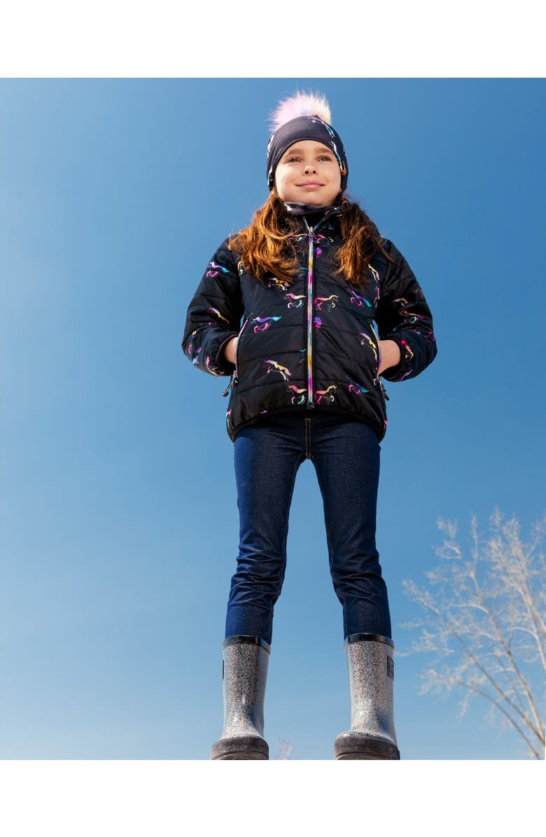 Deux par Deux Baby Girl's Quilted Mid-Season Jacket Black Printed Multicolor Unicorns, Alternate, color, 