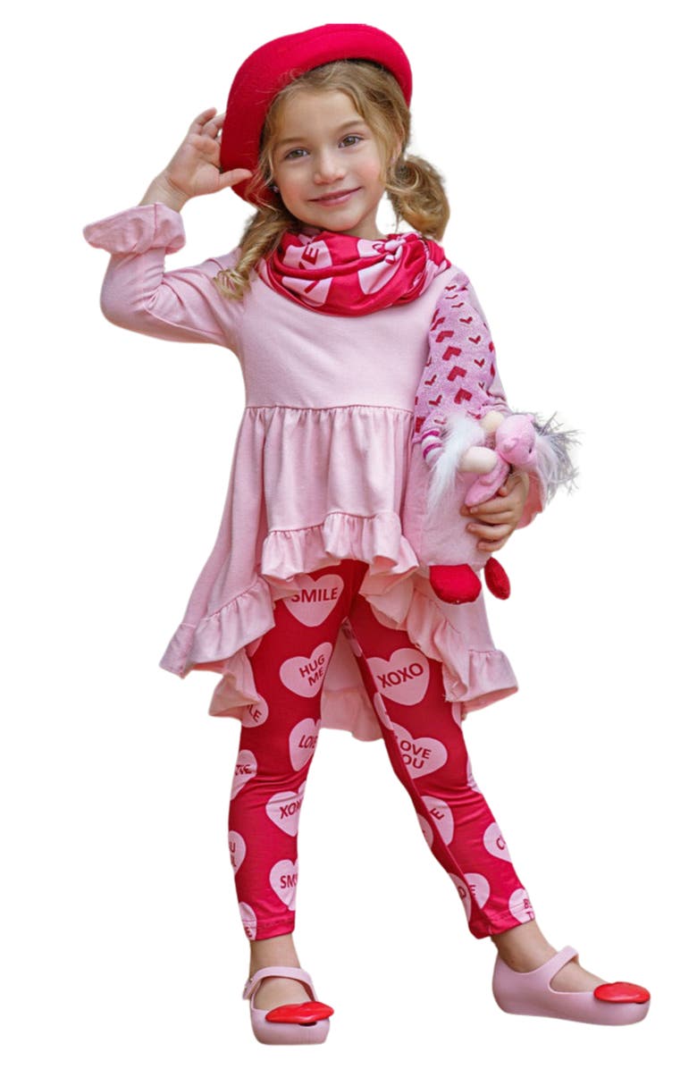 Mia Belle Girls Speak Love Tunic, Scarf and Legging Set, Main, color, 