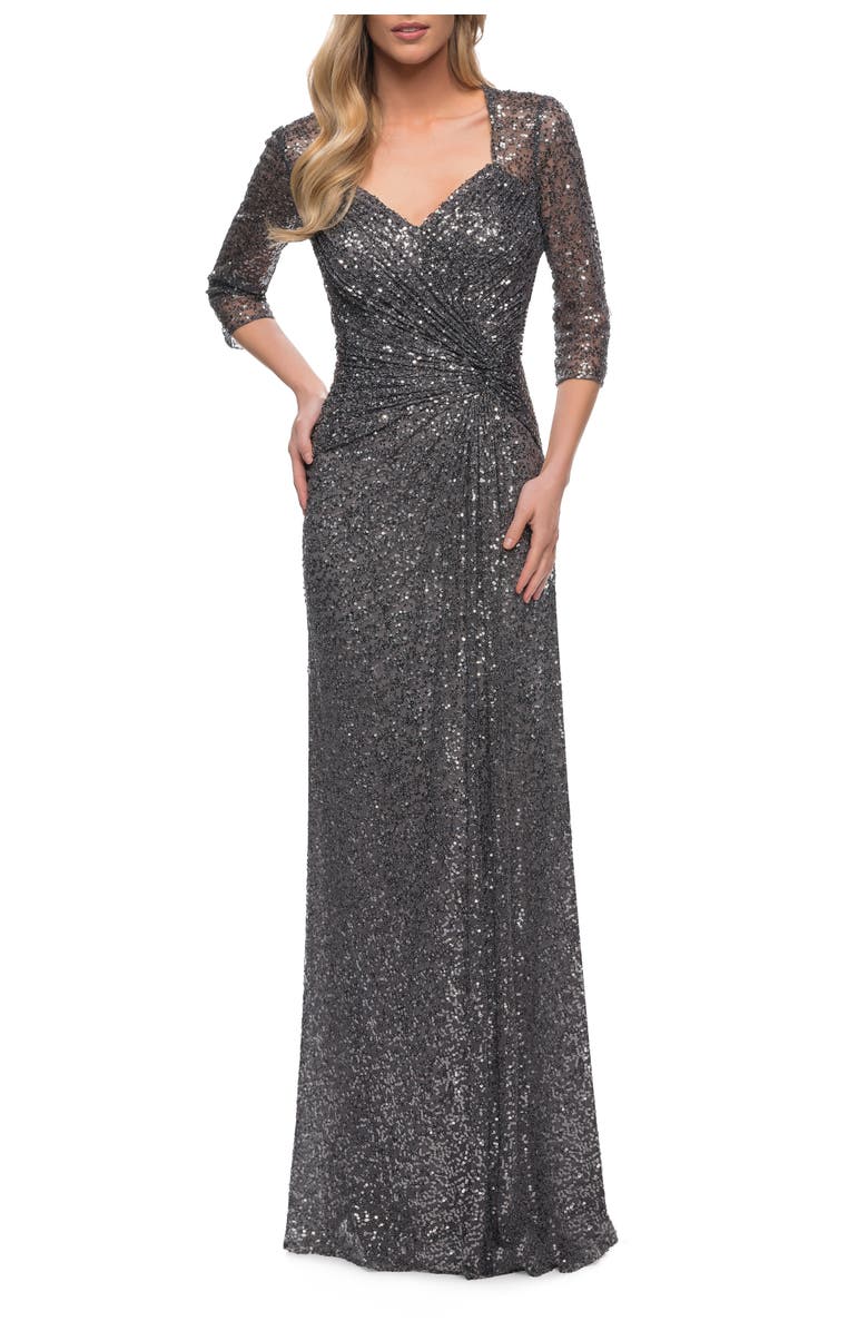 La Femme Sequin Evening Gown with Knot Detail on Front, Main, color, Gunmetal