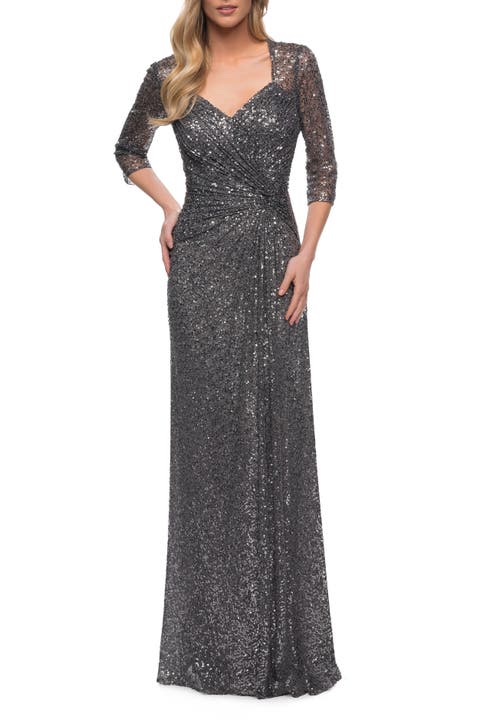 Sequin Evening Gown with Knot Detail on Front
