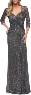 La Femme Sequin Evening Gown with Knot Detail on Front