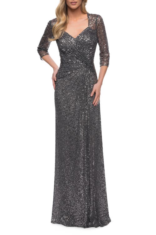 La Femme Ruched Sequin Column Gown In Gunmetal