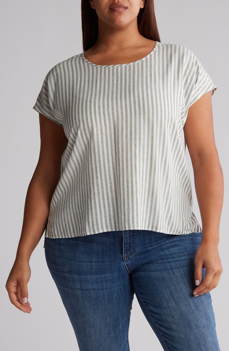 Caslon<sup>®</sup> Stripe Short Sleeve Linen Blend Top, Main, color,