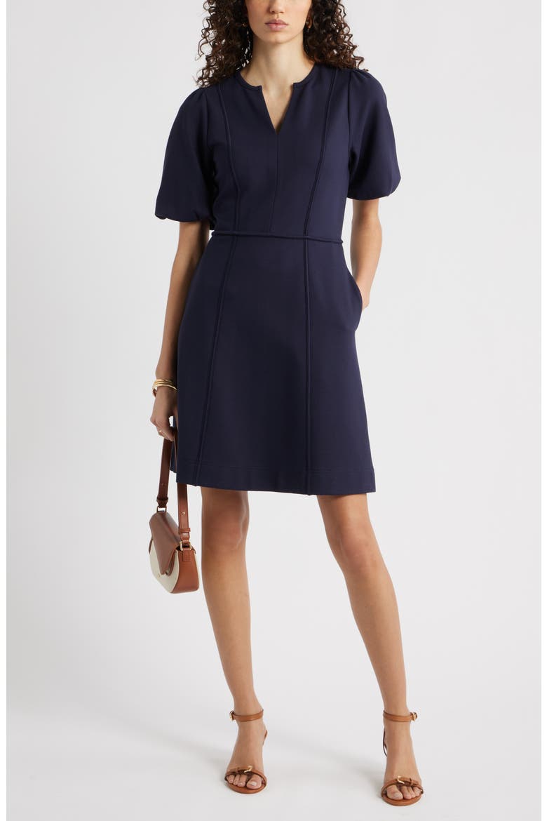 Puff Sleeve Ponte Dress, Main, color, NAVY NIGHT