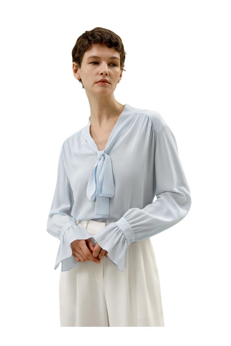 Silk V-neck Ribbon Blouse, Alternate, color, Illusion blue