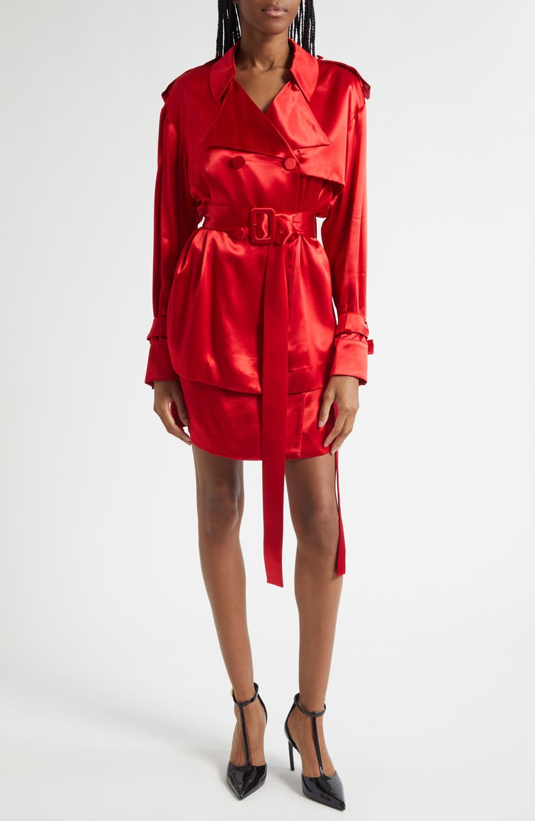 FERRAGAMO Long Sleeve Satin Trench Shirt, Alternate, color, Dark Red