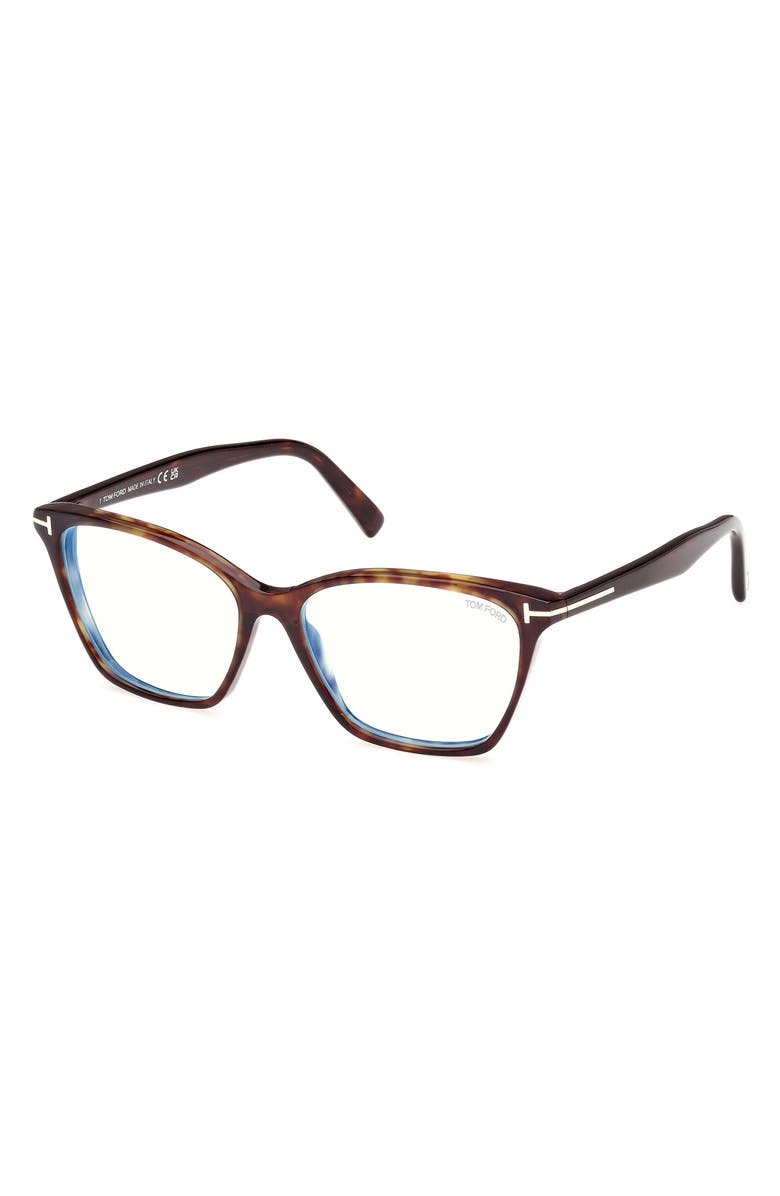 TOM FORD 56mm Cat Eye Blue Light Blocking Optical Glasses, Alternate, color, Havana Eco / T Logo