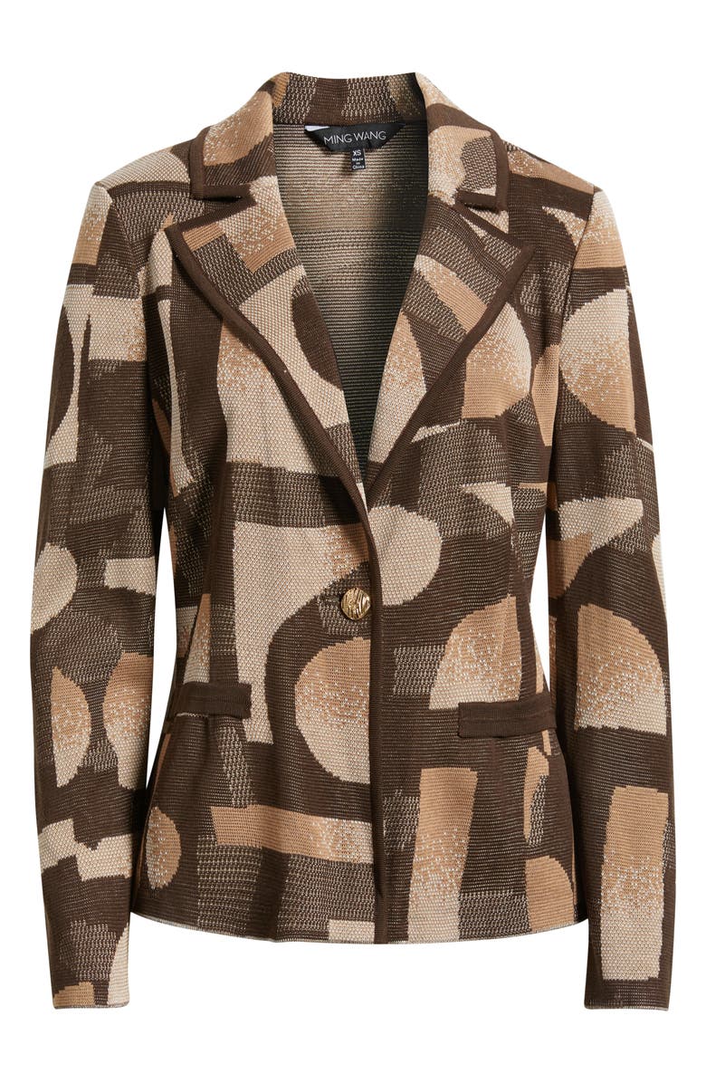 Ming Wang Geometric Jacquard Knit Blazer, Alternate, color, Warm Taupe/ Dark Umber/ Ivory