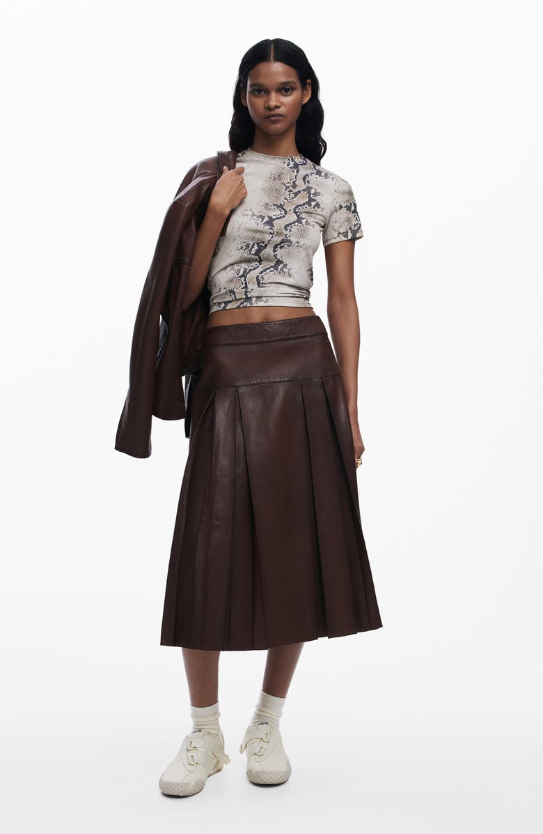 Desigual Pleated Leather Midi Skirt, Alternate, color, Brown
