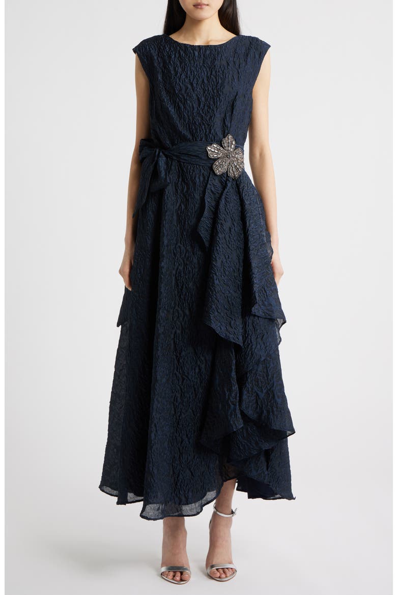 Beaded Flower Crinkled Taffeta Dress, Main, color, NAVY