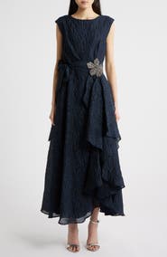 Tahari ASL Beaded Flower Crinkled Taffeta Dress