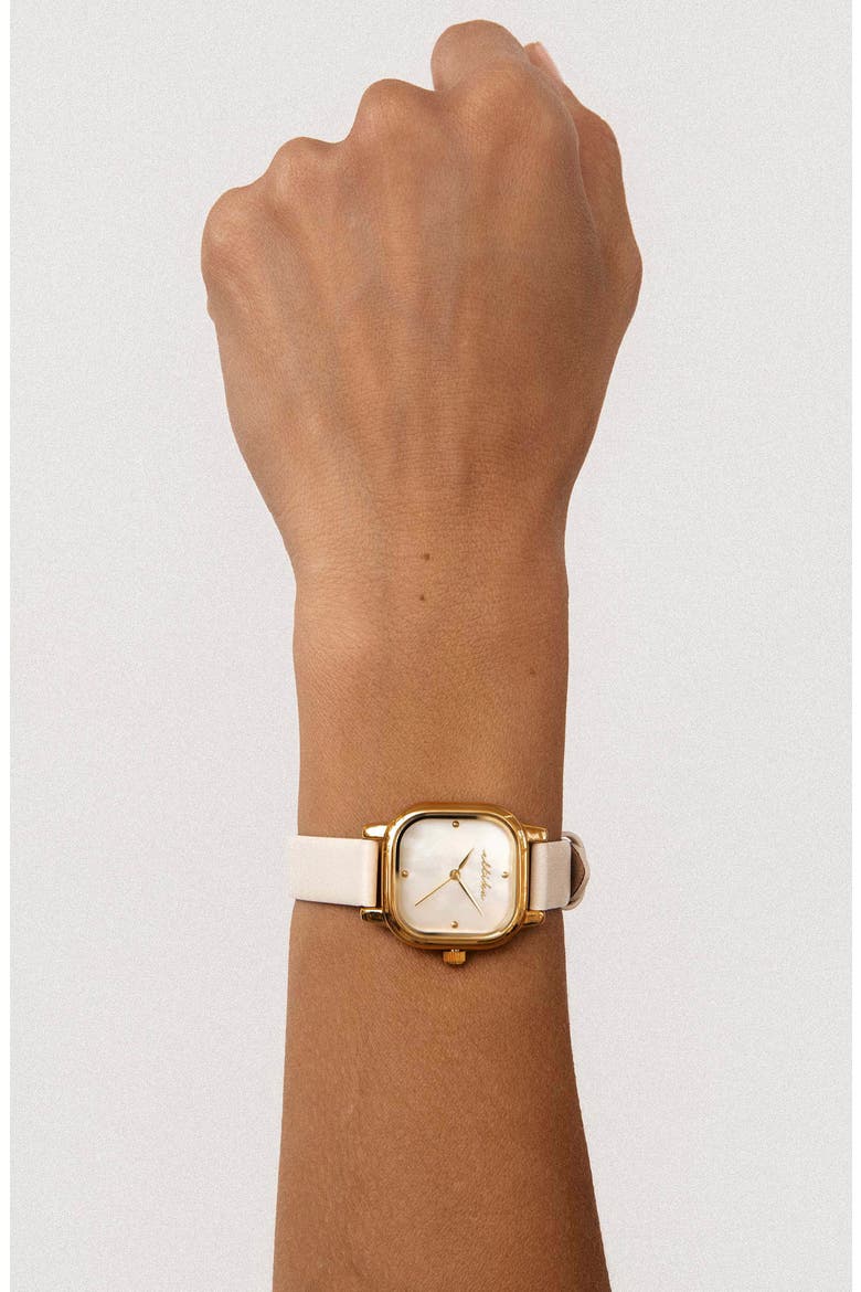 Classic Square Mother-of-Pearl Leather Strap Watch, Alternate, color, BONE
