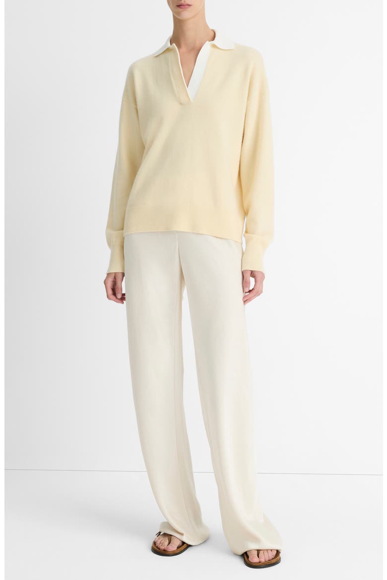 Wool & Cashmere Contrast Johnny Collar Sweater, Alternate, color, BUTTER/ OFF WHITE