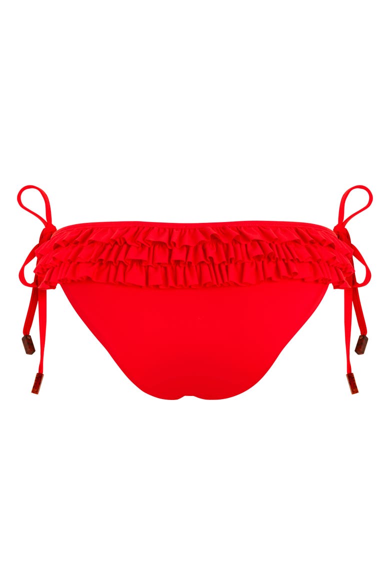 Women's Solid Side Tie Bikini Bottom With Ruffle, Alternate, color, COQUELICOT