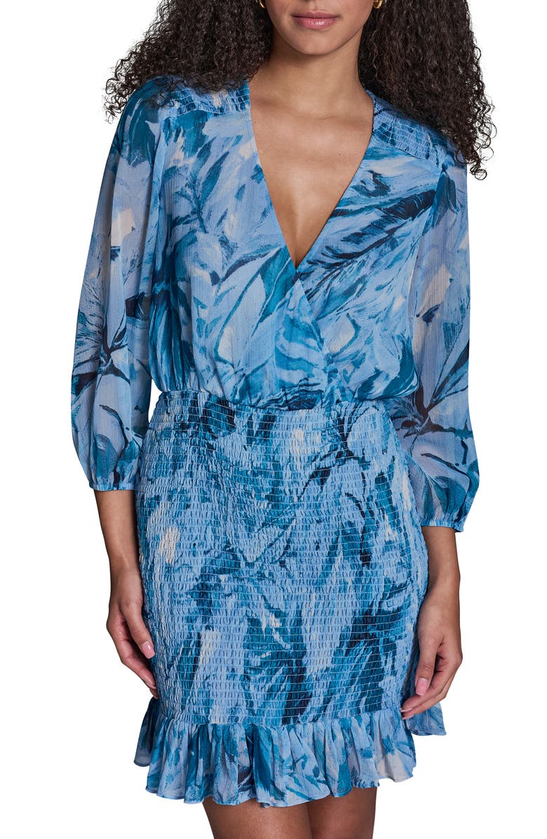 BCBG Floral Smocked Chiffon Minidress, Alternate, color, Coastal Muse Multi