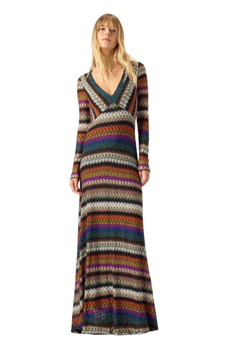 Missoni Flared Long Dress With V-neck And Long Sleeves, Main, color, Multicoloured