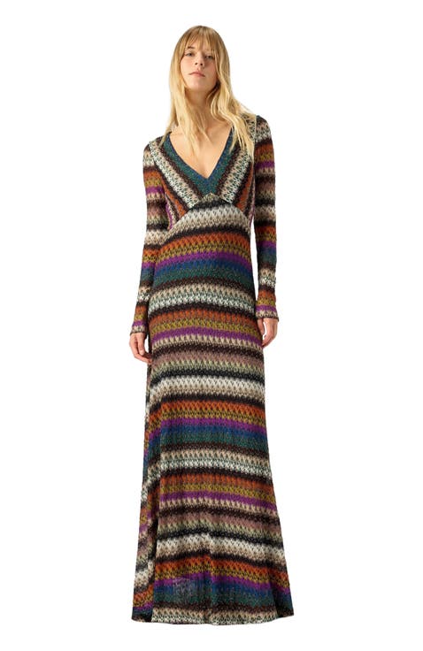 Flared Long Dress With V-neck And Long Sleeves