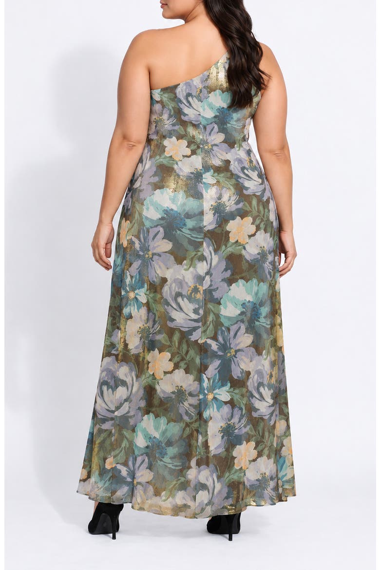 One-Shoulder Metallic Knot Side Maxi Gown, Alternate, color, GREEN MULTI