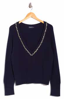 vineyard vines Rhinestone Embellished Wool Blend V-Neck Sweater