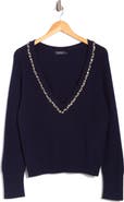 vineyard vines Rhinestone Embellished Wool Blend V-Neck Sweater
