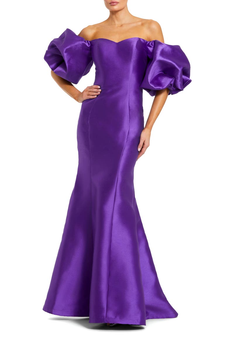 Sweetheart Off The Shoulder Puff Sleeve Gown, Main, color, Purple