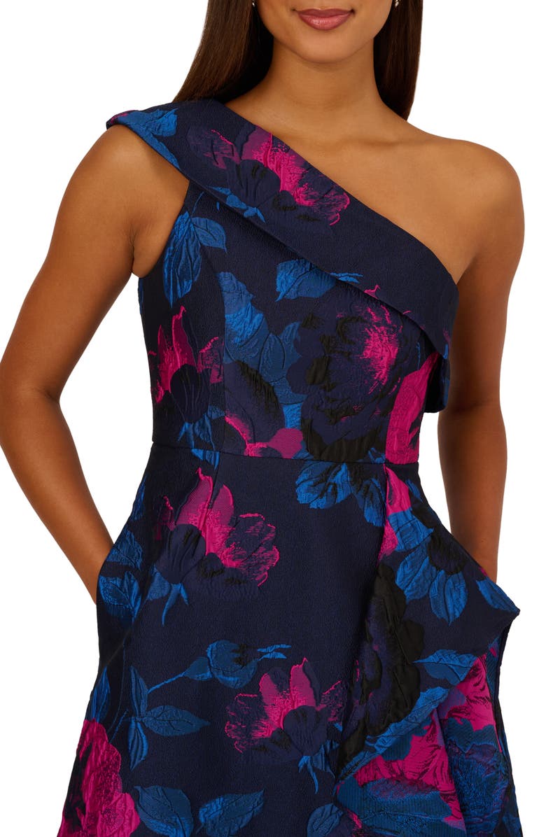 Adrianna Papell One-Shoulder Jacquard Ballgown, Alternate, color, Navy/ Orchid