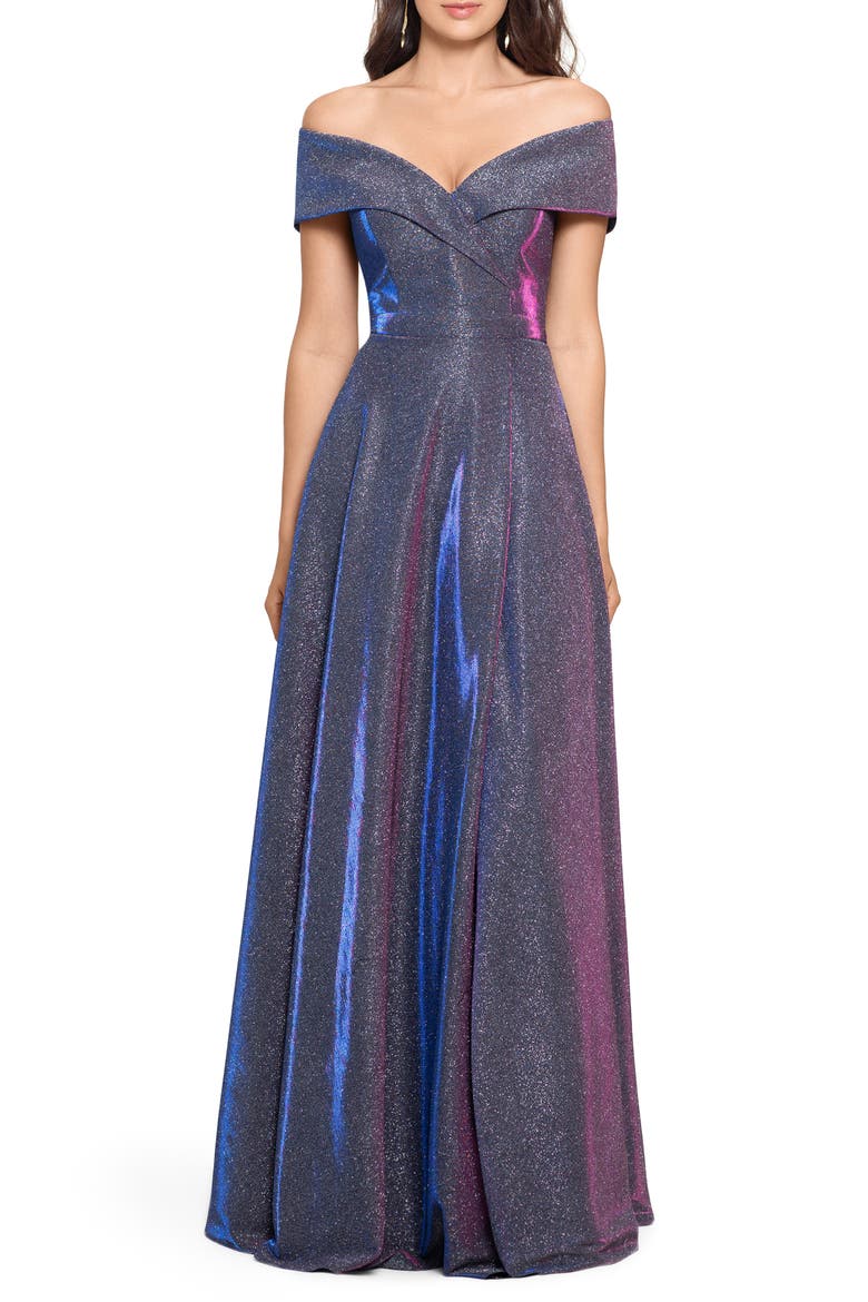 Xscape Off the Shoulder Glitter Gown, Main, color, BLACK/ SILVER/ FUSHA