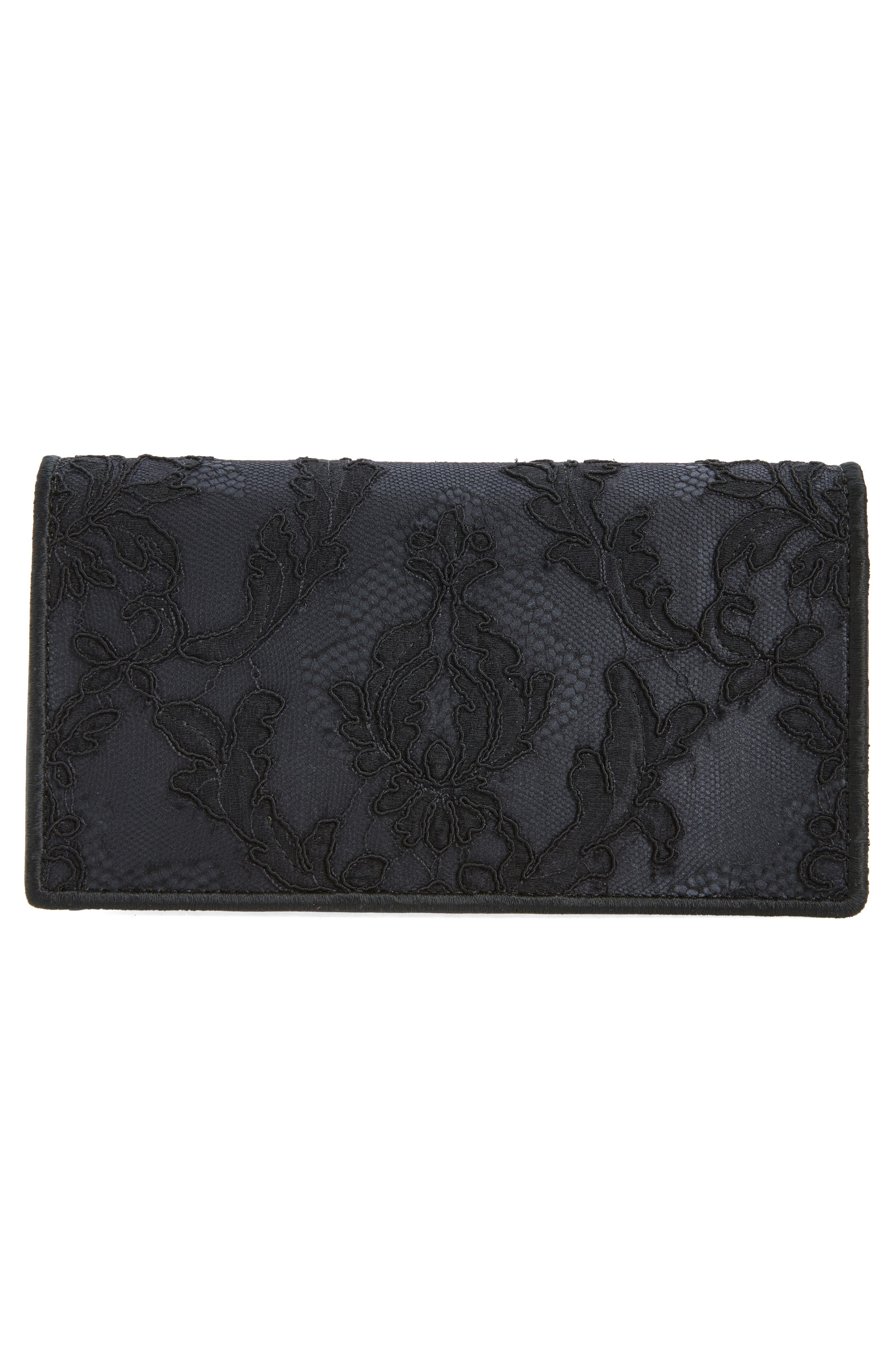 Bettina Chantilly Lace & Crepe Satin Clutch, Alternate, color, CM6S BLACK/ GOLD
