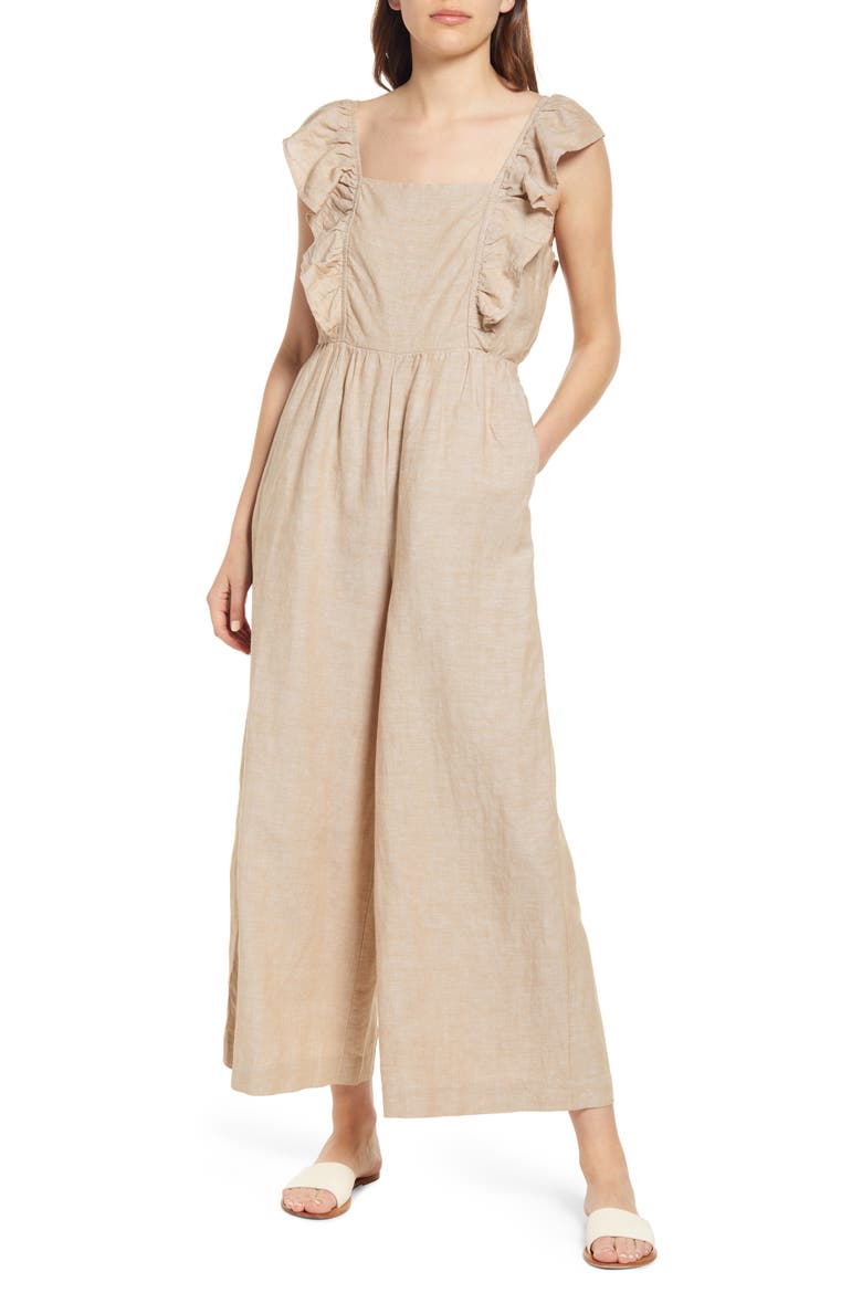 Linen Blend Ruffle Tie-Back Jumpsuit, Main, color, SEED KHAKI