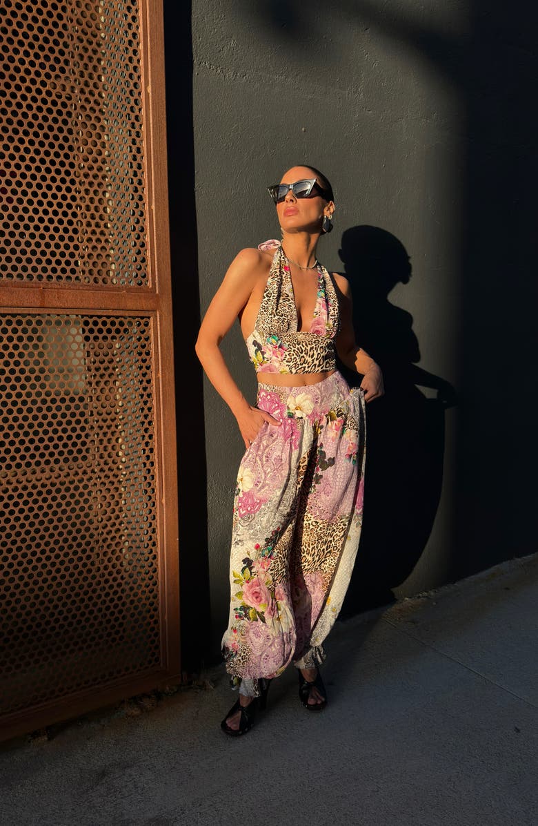 AFRM Sylas Mix Print Plunge Halter Neck Crop Top, Alternate, color, Natural Patchwork