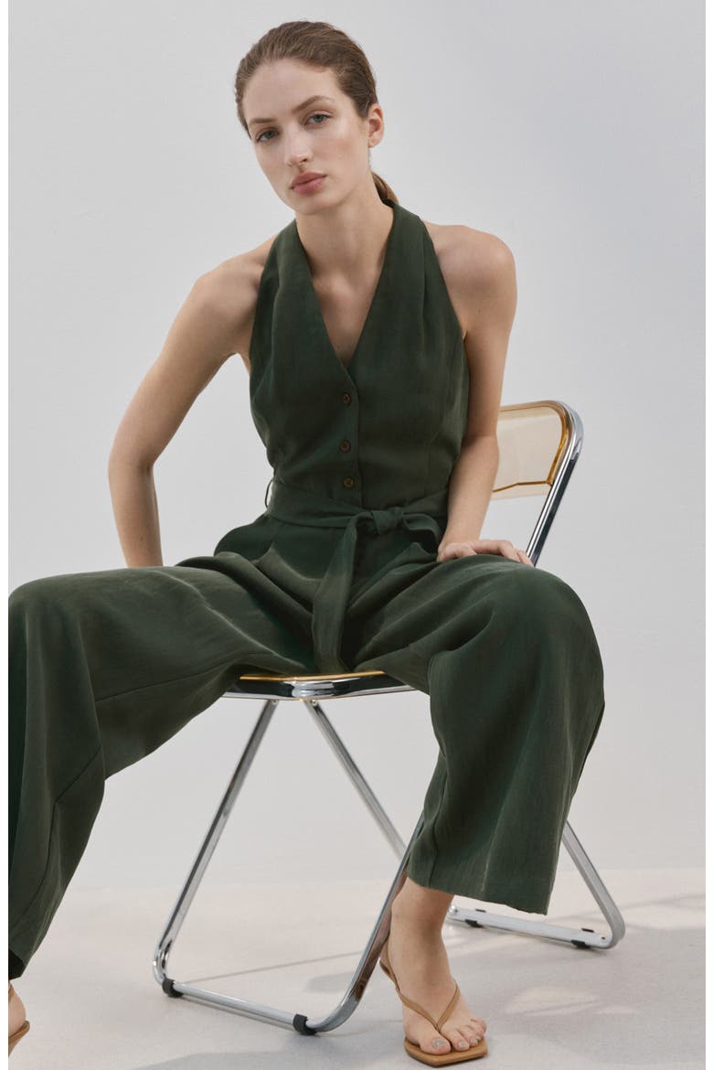 Halter Neck Belted Jumpsuit, Alternate, color, KHAKI GREEN