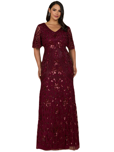 V-Neck, Cape Sleeve Beaded Gown