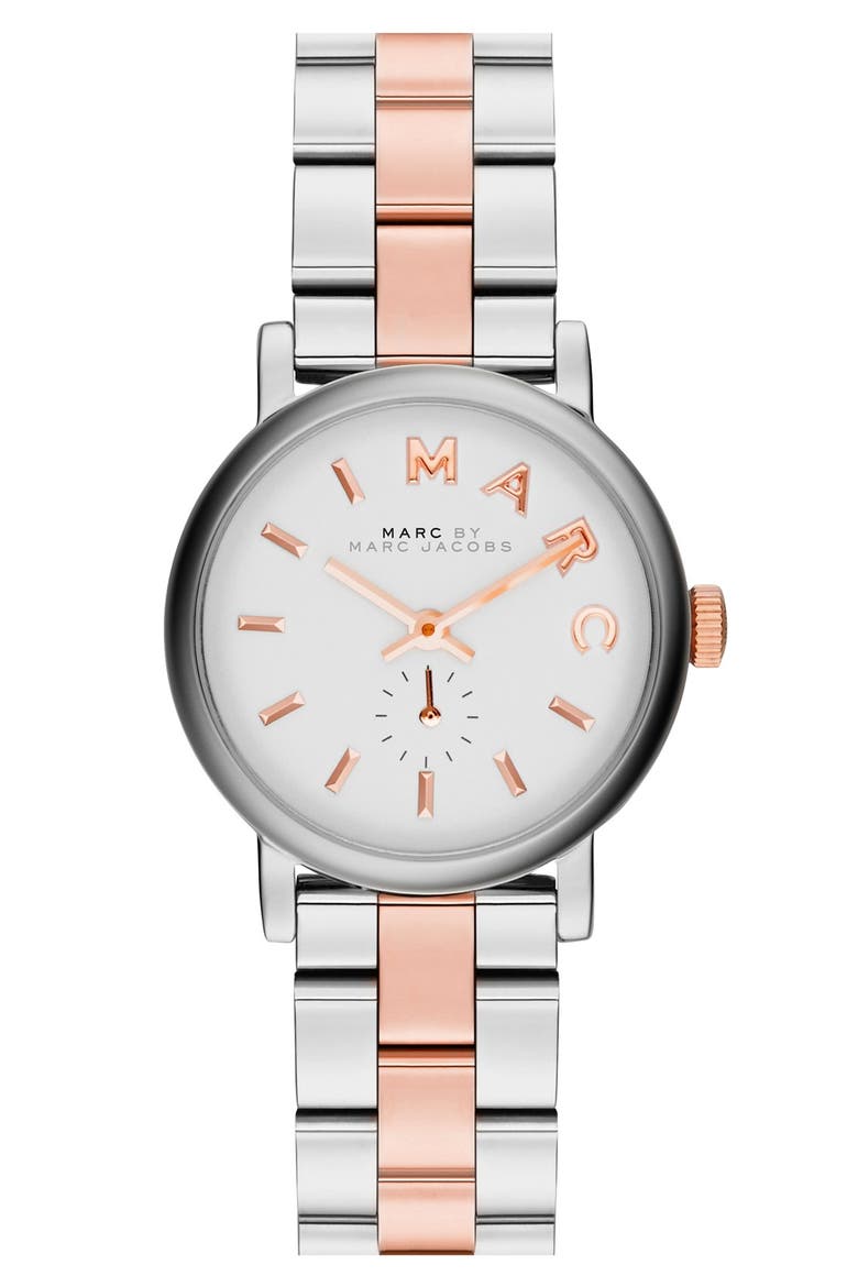'Baker' Round Bracelet Watch, 28mm, Main, color, SILVER/ ROSE GOLD/ WHITE