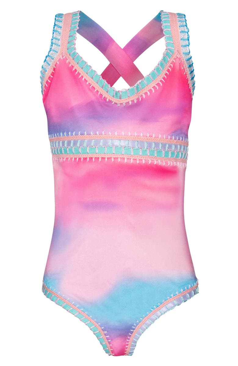 PQ SWIM Kids' Sadie Rainbow Embroidered One-Piece Swimsuit, Main, color, Dream