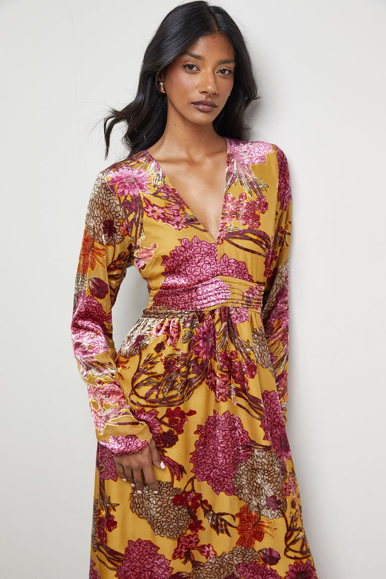 Plunge Neck Waisted Long Sleeve Dress, Alternate, color, Ochre