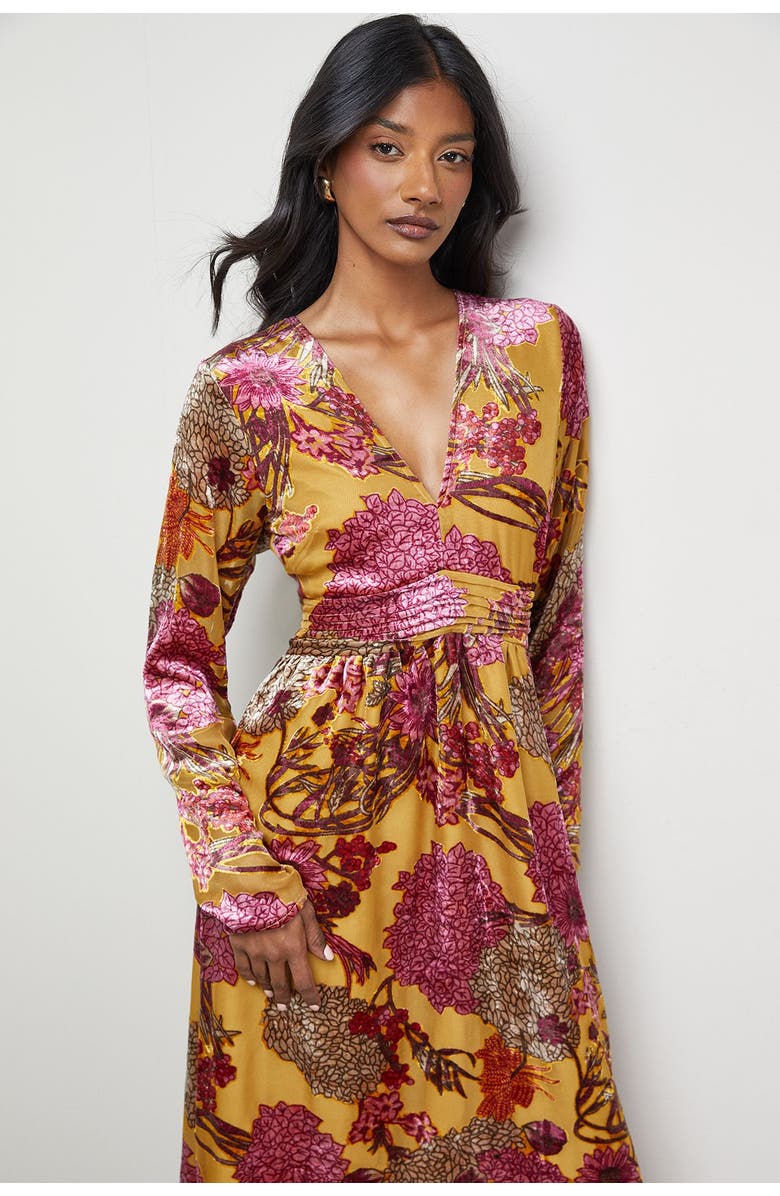 Warehouse Plunge Neck Waisted Long Sleeve Dress, Alternate, color, Ochre