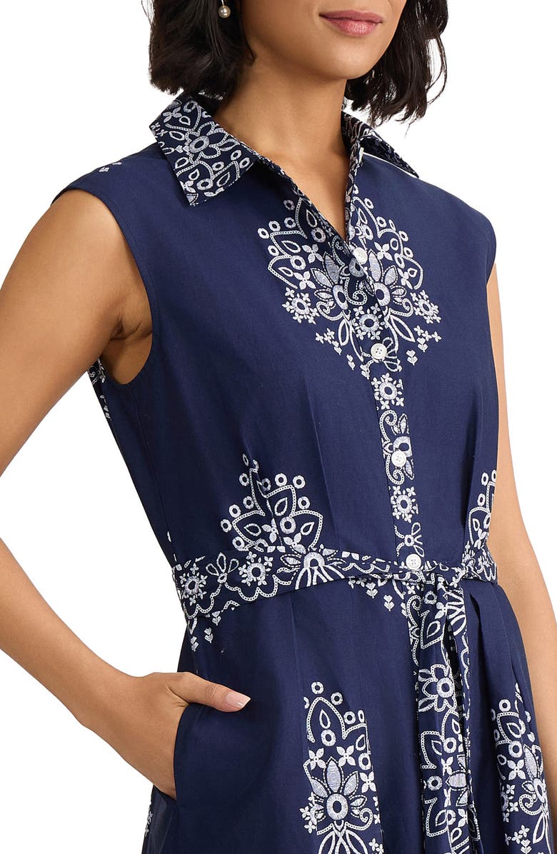 Jones New York Placed Print Sleeveless Stretch Cotton Midi Shirtdress, Alternate, color, Pacific Navy Multi