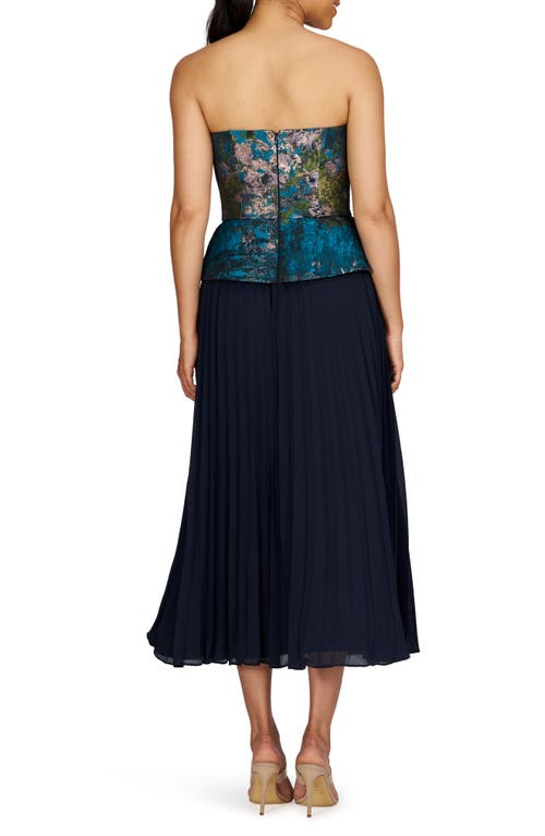 Kay Unger Giannina Metallic Floral Mixed Media Strapless Cocktail Dress In Blue Sea