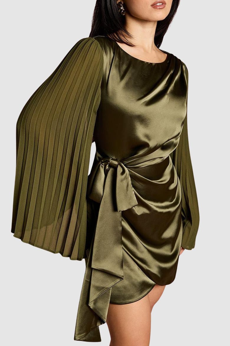 Petite Satin Pleated Flare Mini Dress, Alternate, color, Olive