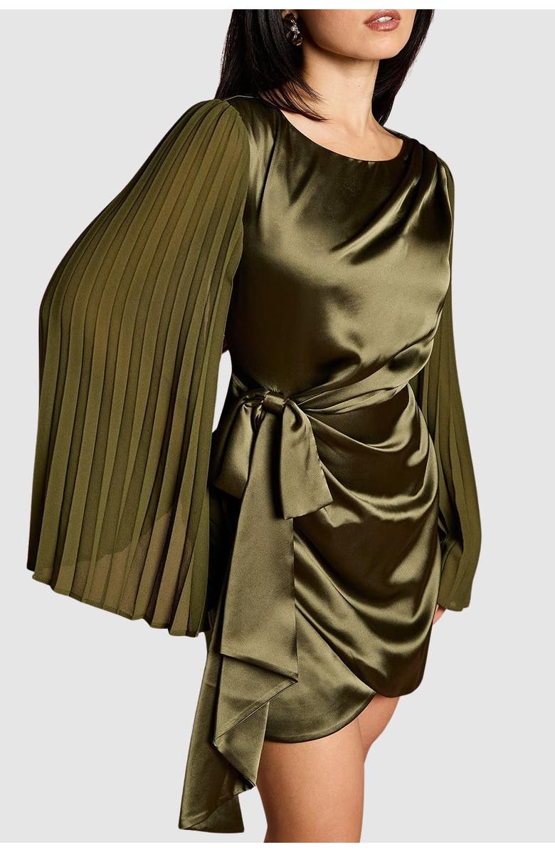 Coast Petite Satin Pleated Flare Mini Dress, Alternate, color, Olive