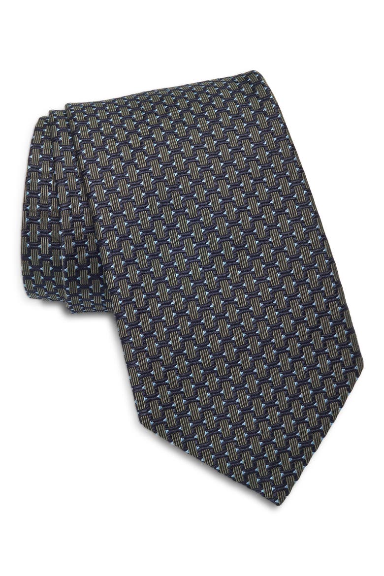 Geometric Woven Silk Tie, Main, color, DARK GREEN