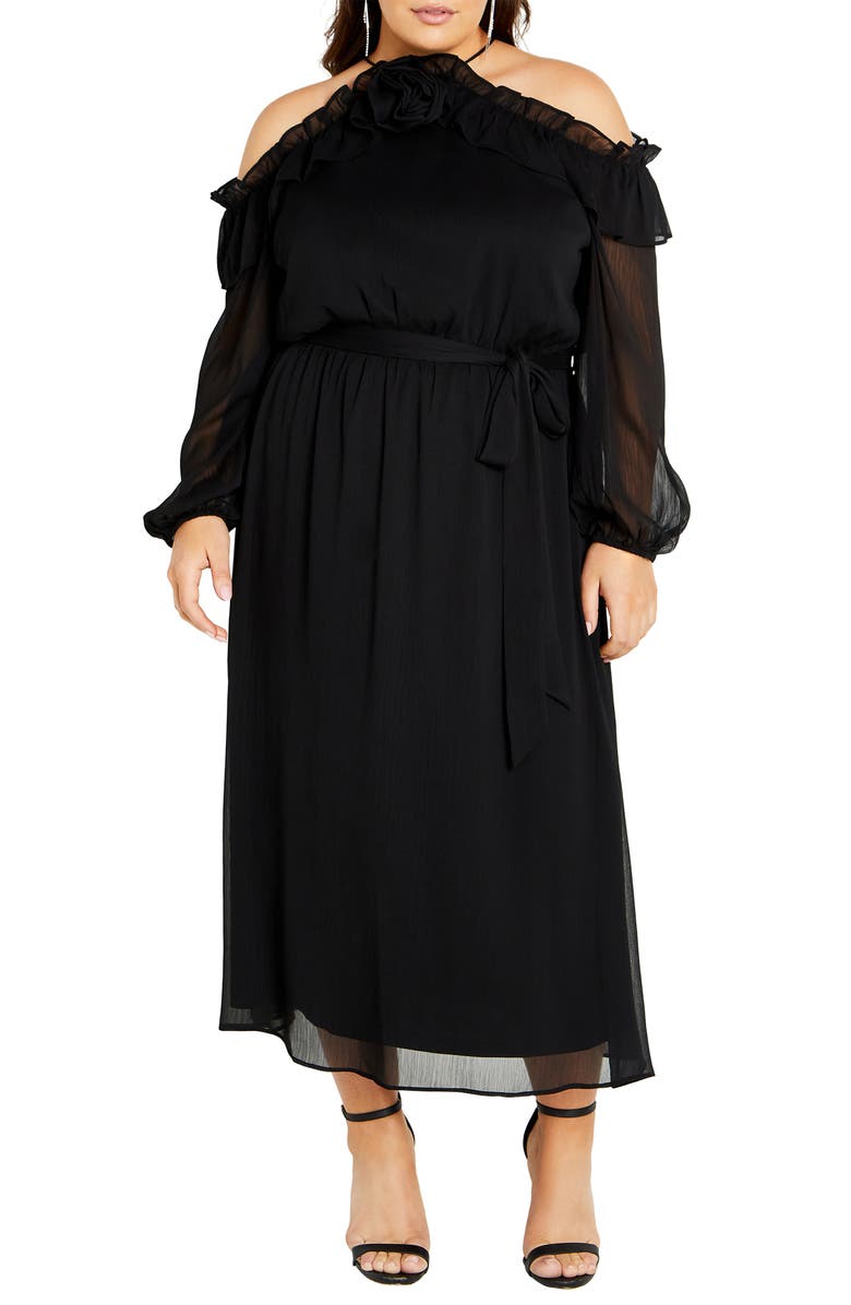 City Chic Nikita Rosette Tie Waist Cold Shoulder Long Sleeve Chiffon Midi Dress, Main, color, 
