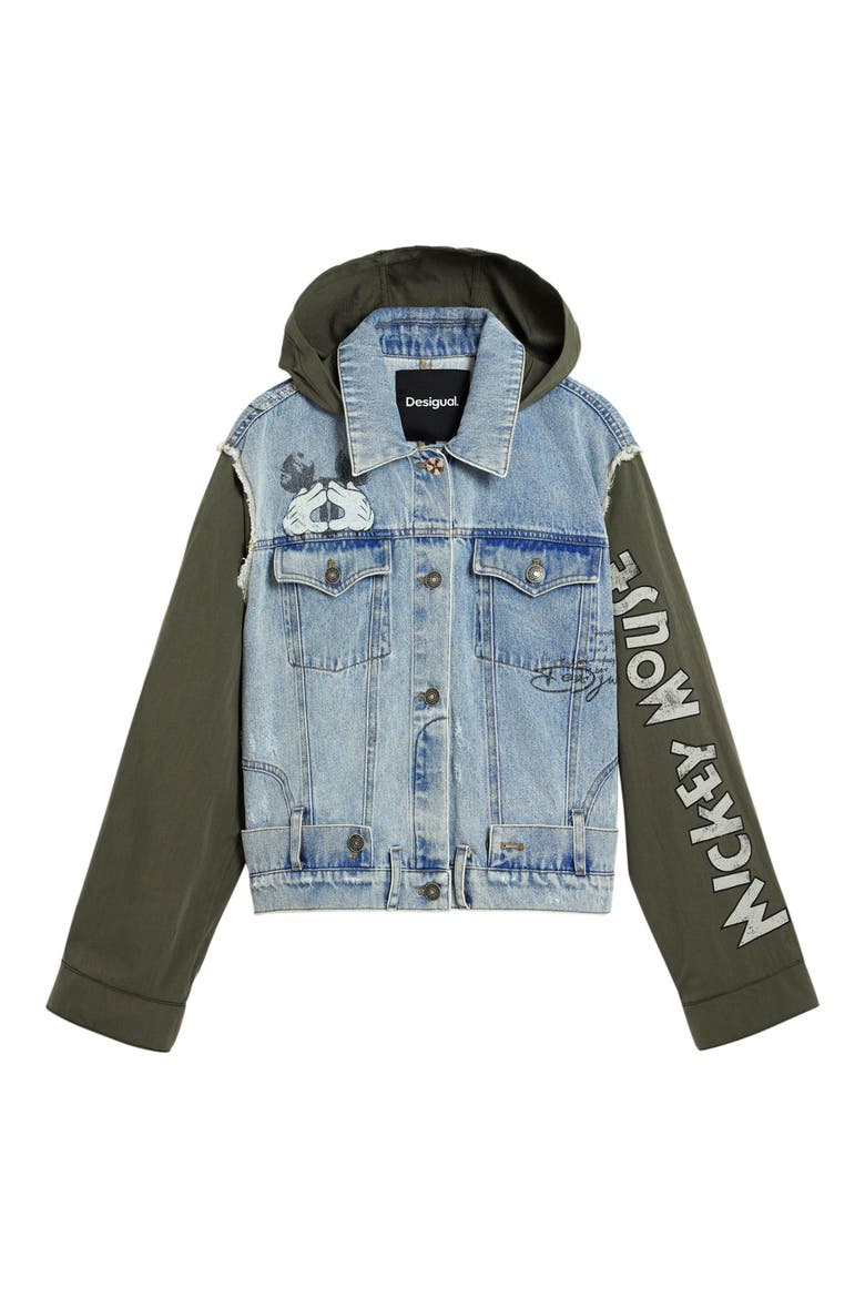 Mickey Mouse Embroidered Mixed Media Denim Hooded Jacket, Alternate, color, MEDIUM BLUE