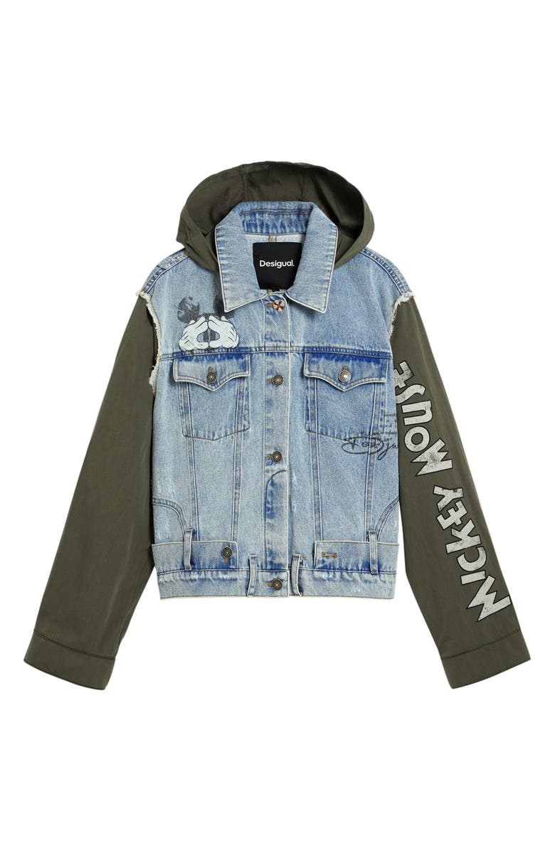 Desigual Mickey Mouse Embroidered Mixed Media Denim Hooded Jacket, Alternate, color, Medium Blue
