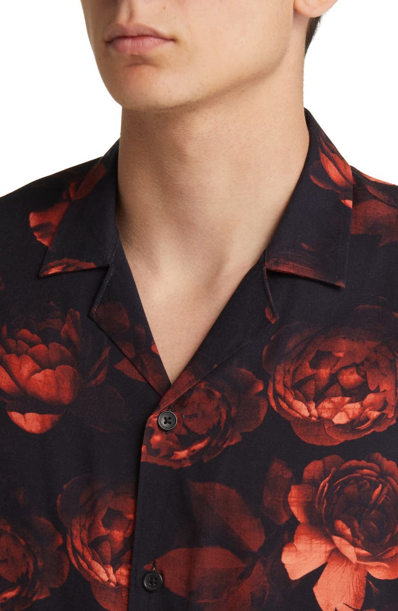 Open Edit Dark Roses Floral Short Sleeve Button-Up Camp Shirt, Alternate, color, 